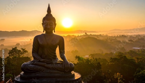 Buddha statue sunrise landscape