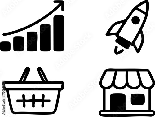 Hand drawn business and ecommerce icons set with growth chart rocket shopping basket and store.