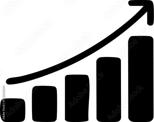 Hand drawn increasing bar graph with arrow.