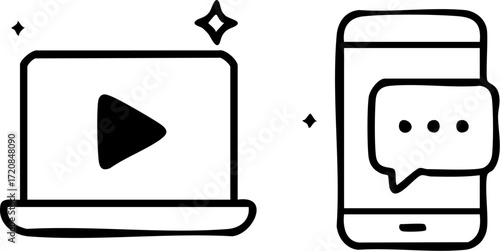 Laptop with play button and smartphone with message bubble doodle icon.