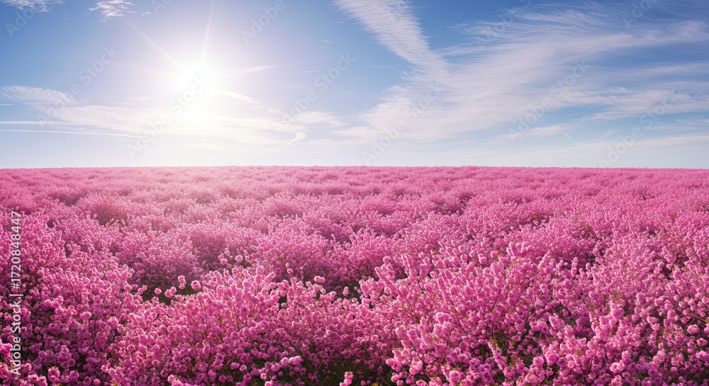 Fototapeta premium Stunning pink blossoms blanket landscape under sunny skies in spring, beautiful flowers