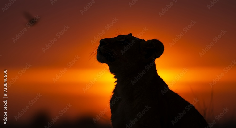 Naklejka premium Silhouette of a wild cat at sunset