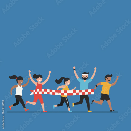 Vector Illustration of Diverse Running People in Modern Cartoon Style with Bright Colors Emphasizing Diversity and Motion