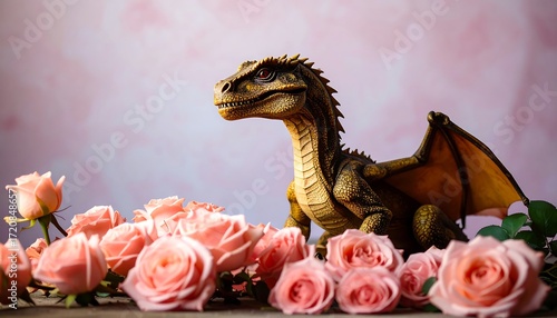Small dragon figurine, light brown, perched amidst a bouquet of pale pink roses