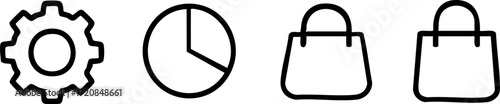 Set of four outline icons including a gear a clock and two shopping bags.