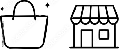 Shopping Bag and Storefront Line Art Icons.