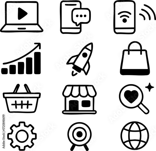 Set of handdrawn vector icons representing various aspects of business technology and ecommerce.