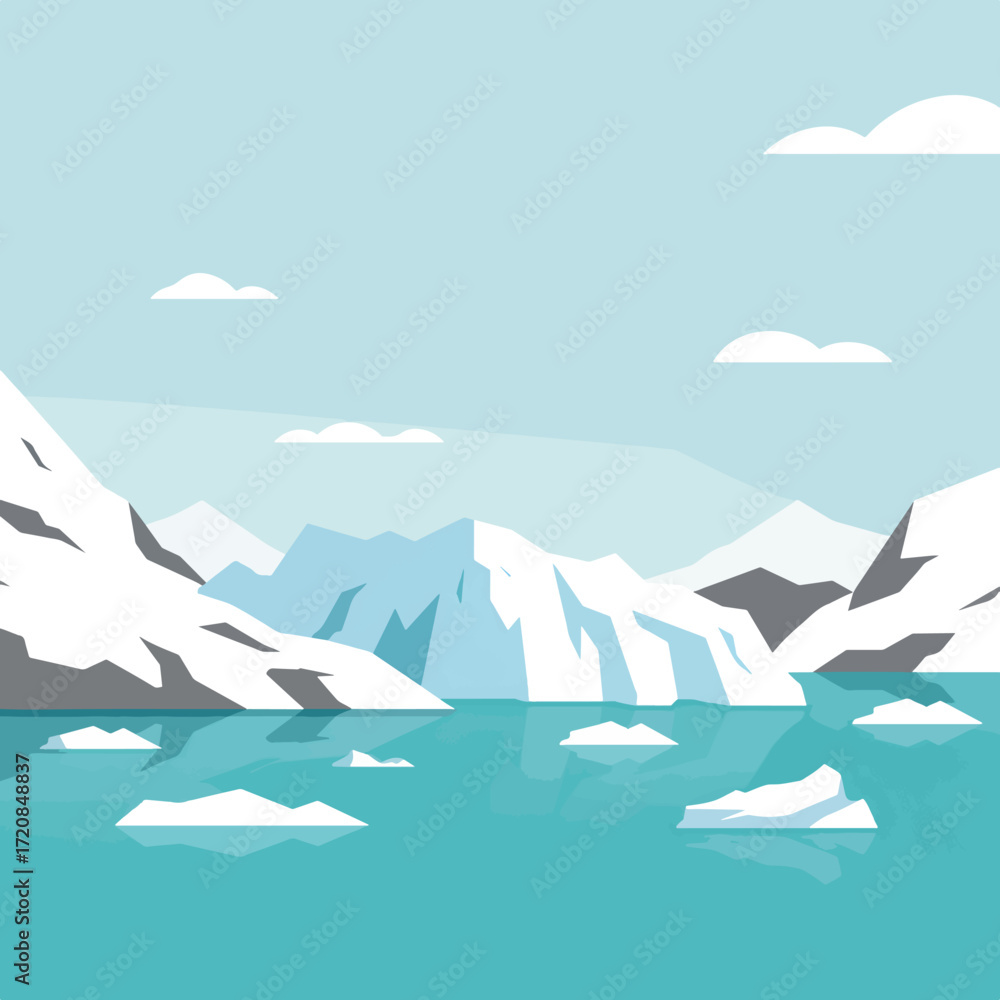 Fototapeta premium Minimalist Vector Background of Arctic Iceberg and Snowy Mountain Scene in Cool Blue Tones