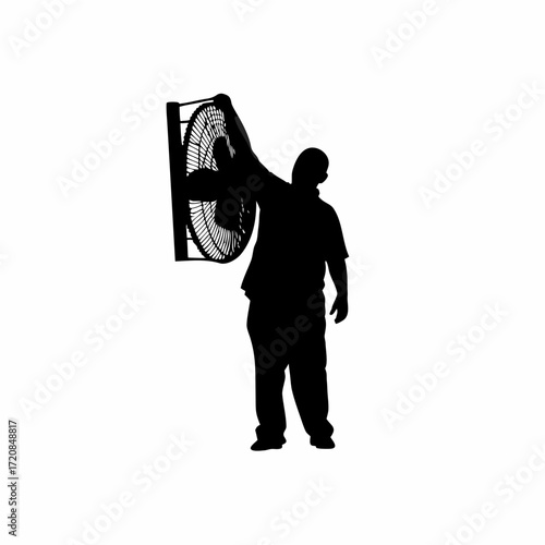 Technician troubleshooting computer overheating with cooling fan silhouette