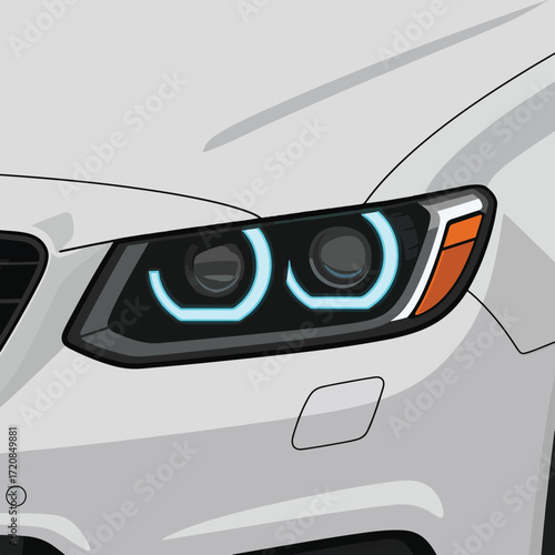 Modern Vector Car Headlight Illustration with Blue Accent Lights in Minimalist Style