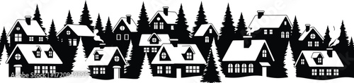 Charming village nestled among winter trees, a peaceful snowy scene
