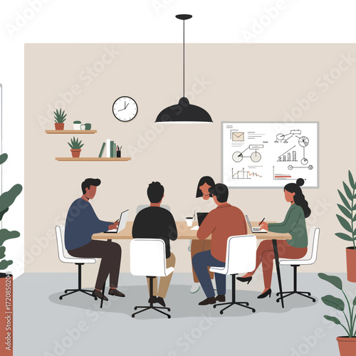 Modern Vector Illustration of Business Meeting Scene with Group of People and Office Decor in Flat Style