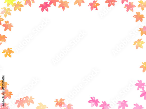 モミジの紅葉イメージの背景素材。水彩風テクスチャー。かわいい色調の葉っぱのシルエットのフレーム。和風のあしらい。
