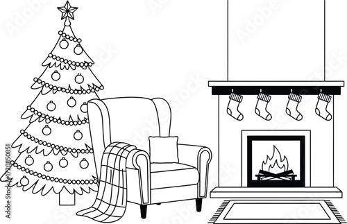 Cozy Christmas scene with decorated tree and fireplace, ready for holiday spirit.
