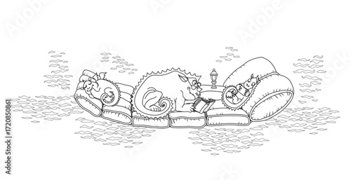 Fairy tale dragons relax on air mattress. Adults and children coloring book page