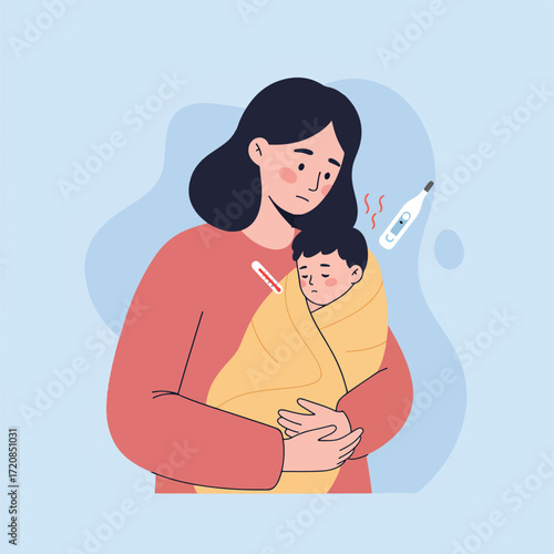 Minimalist Vector Illustration of Mother and Child with Thermometer and Fever Symptoms in Soft Pastel Colors in Modern Style