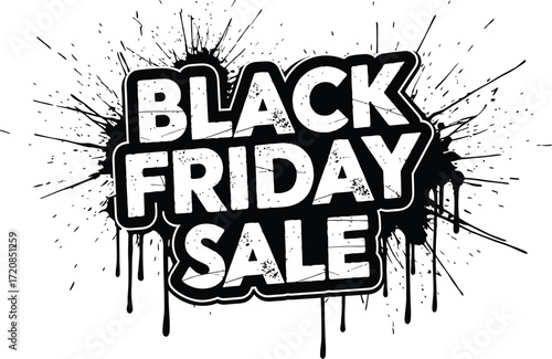Bold "Black Friday Sale" text art with splattered ink effect, announcing big discounts