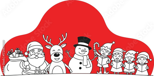 Joyful Christmas characters with Santa, reindeer, snowman, and caroling children celebrate the holidays