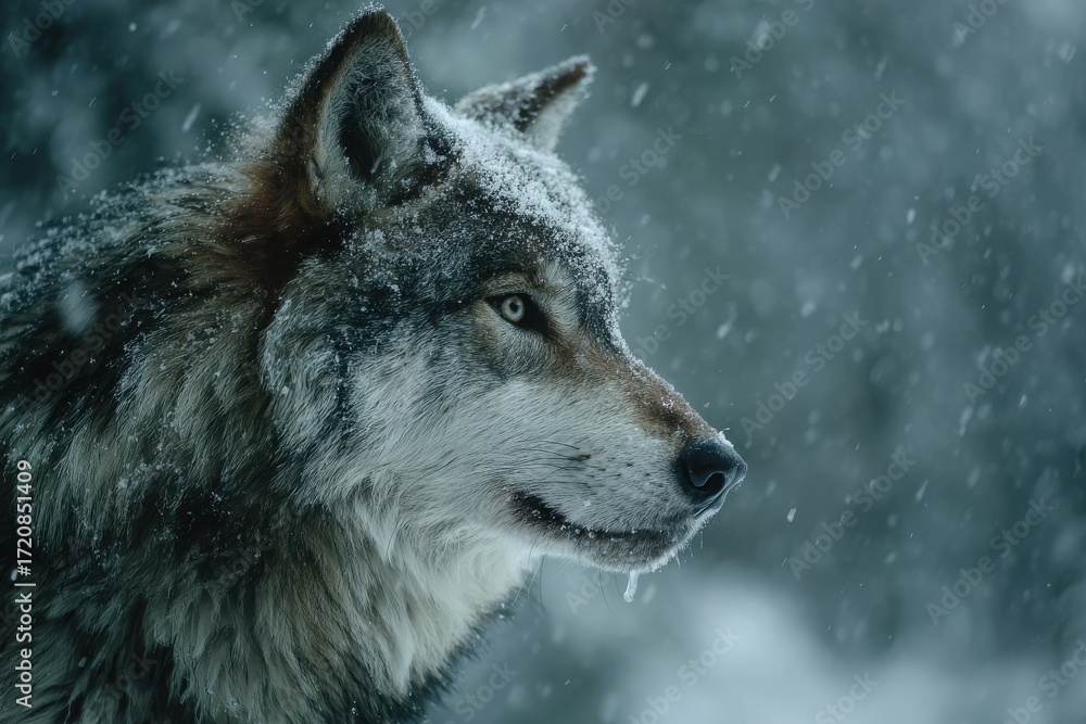 Obraz premium A majestic wolf in a snowy environment, demonstrating its strength and resilience in the harsh winter