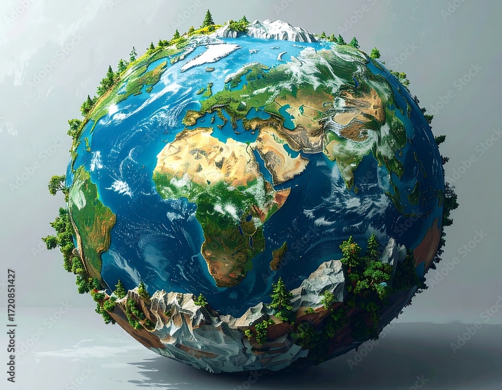 Fototapeta premium A detailed, three-dimensional representation of the Earth, showcasing its continents, oceans, and various landscapes.