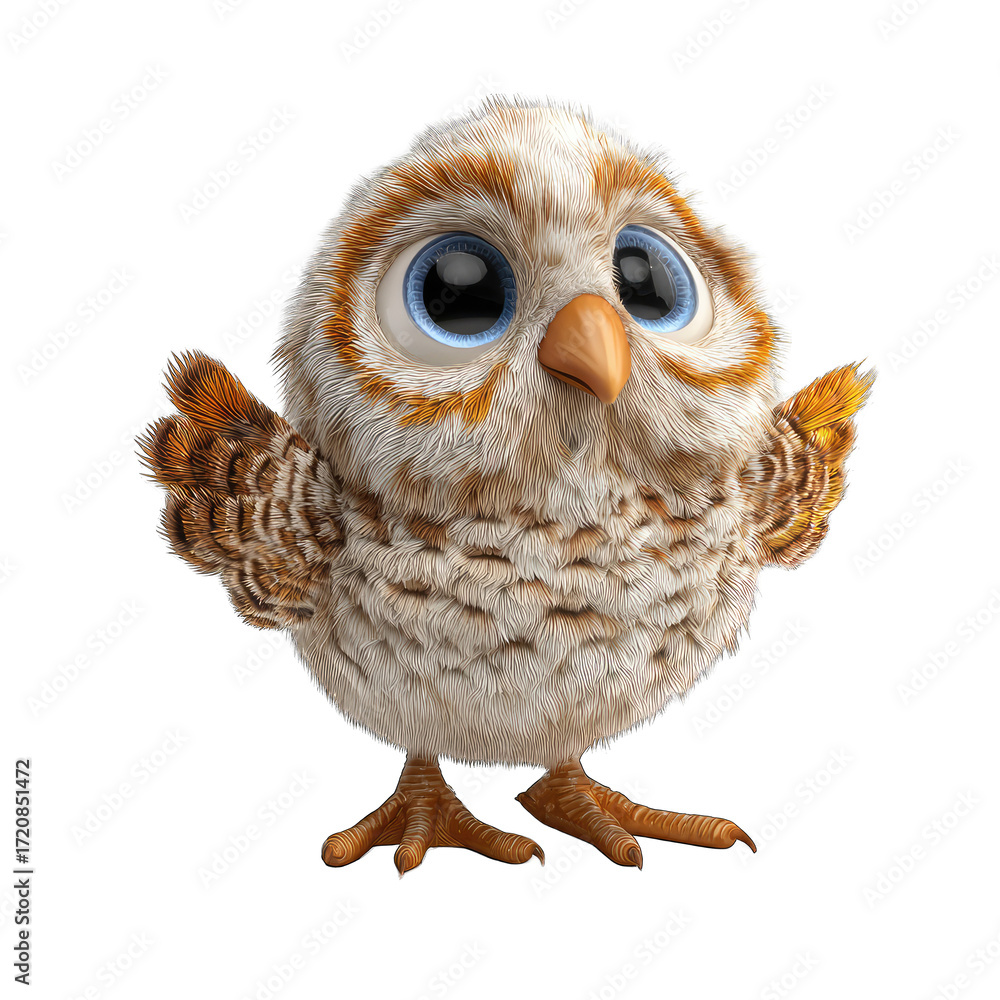 Naklejka premium Cute cartoon owl with large eyes, fluffy feathers, light brown and cream colors