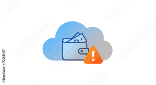 Digital wallet and money in a cloud with an alert symbol, indicating a financial warning or issue.