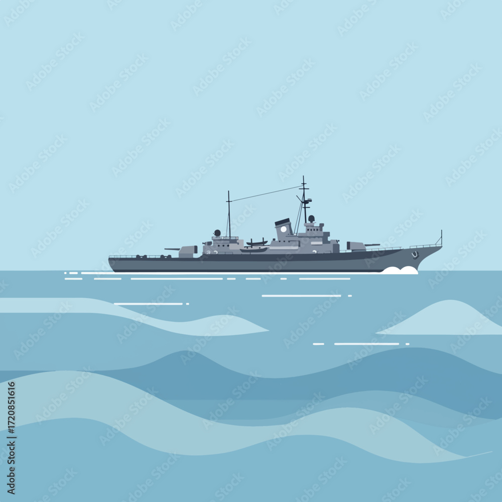 Obraz premium Vector Illustration of Warship in Minimalist Modern Style with Blue Monochrome Palette