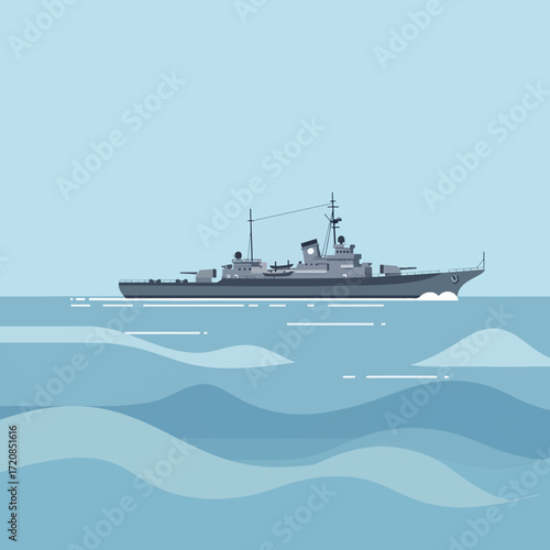 Vector Illustration of Warship in Minimalist Modern Style with Blue Monochrome Palette