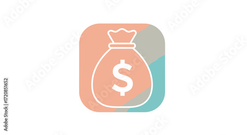 A stylized icon representing a money bag with a dollar sign, set against a background of abstract pastel shapes.