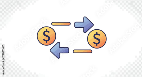 Illustration of money exchange or financial transaction with coins and arrows.