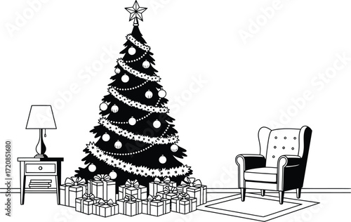 Festive Christmas tree adorned with ornaments, surrounded by wrapped gifts, in a cozy room with an armchair and lamp.