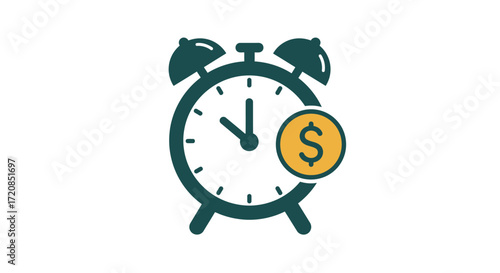 A stylized green alarm clock with a yellow dollar sign coin, illustrating the concept that time is money.