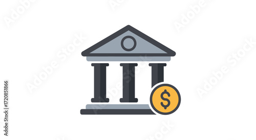 An icon depicting a classical building with columns, symbolizing a bank or financial institution, next to a gold coin with a dollar sign.