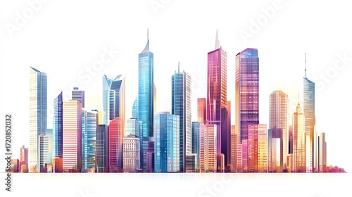 Colorful skyline of modern skyscrapers at sunset.