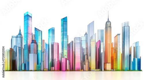 Colorful skyline of modern skyscrapers at sunset.