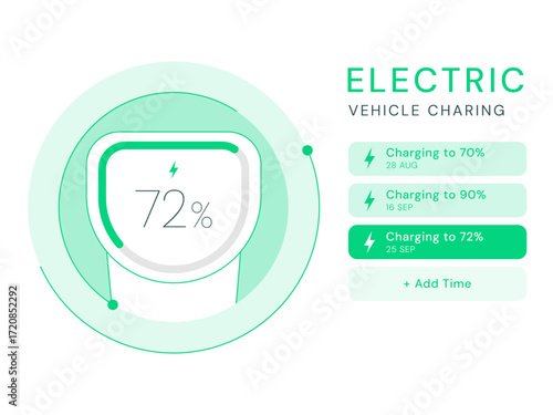 Electric Vehicle battery charging Dashboard Clean UI with Minimalist EV Charging Connector plug in in Circular Progress Bar vector design concept. Battery charging dashboard for ui, ev car, website.