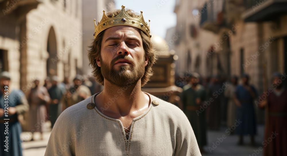 Fototapeta premium A reverent King David in prayerful worship on the streets of Jerusalem. A biblical concept of humility, passionate faith, and spiritual devotion.