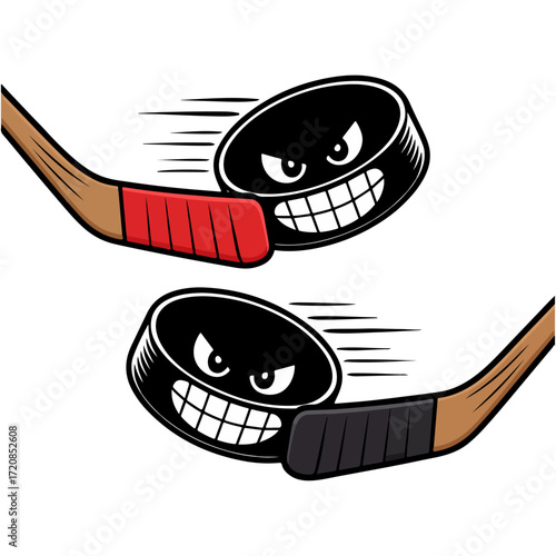 Two Aggressive Hockey Pucks Hit by Sticks