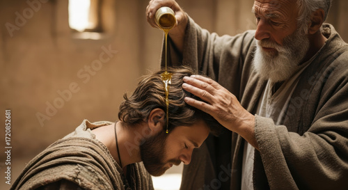 The sacred anointing of David by the prophet Samuel. A biblical scene of destiny, faith, and divine calling.