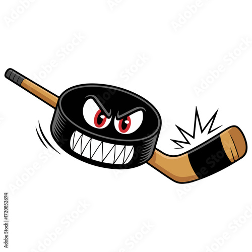 Angry Hockey Puck Smashing Stick in Cartoon Style