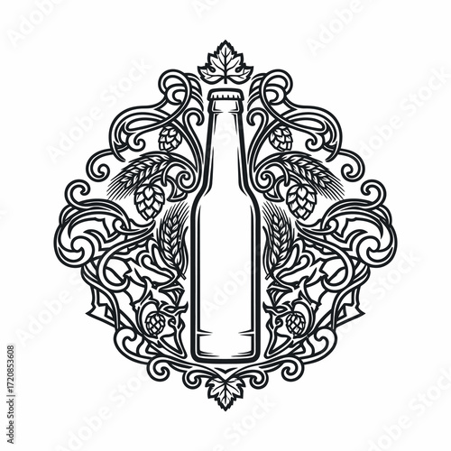 An ornate black and white illustration of a beer bottle surrounded by hops and barley.