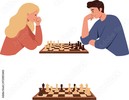 Chess, strategy, illustration, people, game, thinking, concentration, board, competition, indoor, focus, logic, play, lifestyle, match, mental, decision, posture, activity, opponent