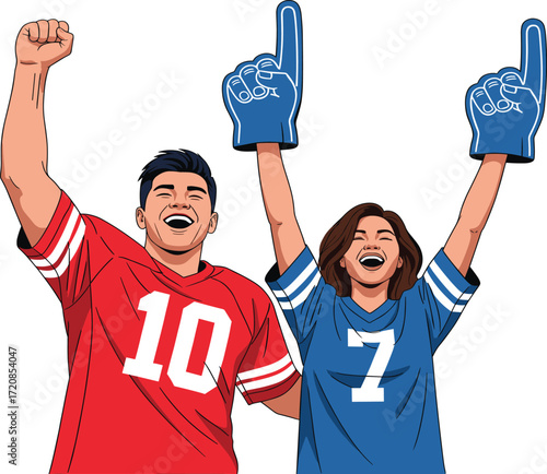 Fans, cheering, illustration, sports, excitement, jersey, foam fingers, celebration, energy, game, support, animated, crowd, fun, team, match, enthusiasm, victory, competition, emotion