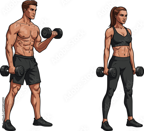 Fitness training illustration, dumbbell workout, male and female, strength exercise, athletic outfit, gym scene, vector art, stock image, healthy lifestyle