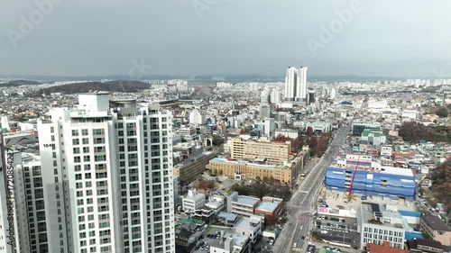 A panoramic view of Cheongju-si, Korea, and an urban aviation view with apartments and government offices
