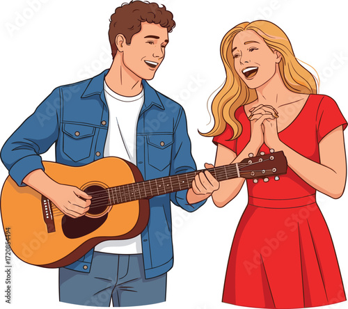 Music duo illustration, acoustic guitar, red dress, joyful moment, singing interaction, curly hair, vector art, stock image, musical vibe, emotion