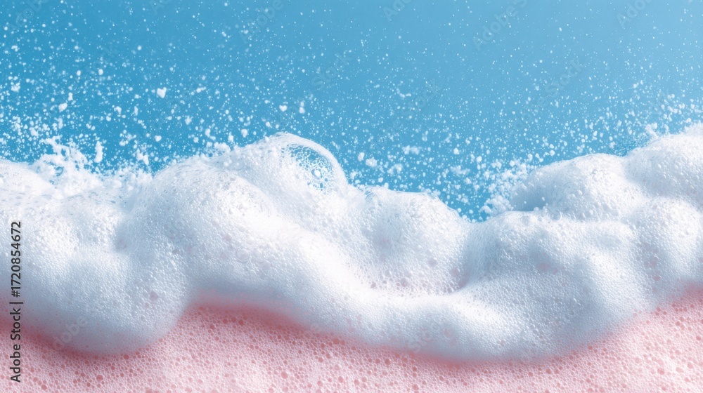 Fototapeta premium Gentle pink foam forms intricate patterns at the waters edge, reflecting the vibrant blue sky and creating a peaceful seaside atmosphere under the sun.