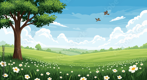 Beautiful Green Meadow with a Large Tree and White Flowers Under a Blue Sky.