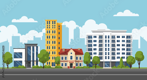 Modern Cityscape with Diverse Buildings and Green Trees Under a Cloudy Sky.