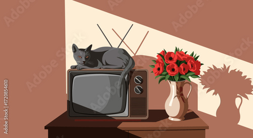 A gray cat sleeps on an old television set with a bouquet of red roses.